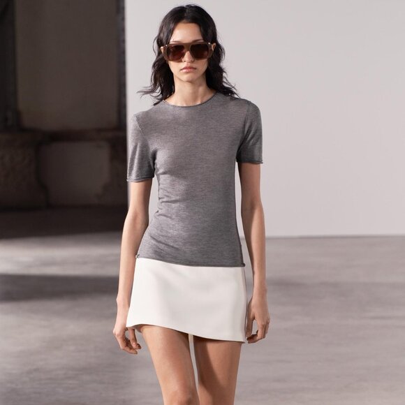 ZARA BASIC WOOL AND SILK BLEND SHORT SLEEVE TOP - Picture 8 of 8